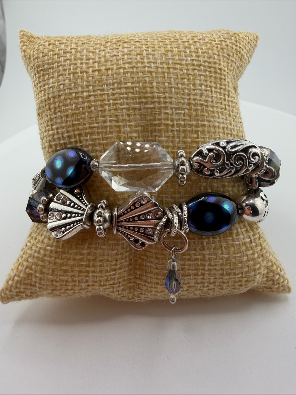 Elegant Silver-Tone & Iridescent Blue Beaded Stretch Bracelet for Bigger Wrists
